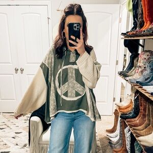 BRAND NEW NEVER WORN western peace sign  Olive and Cream Hooded Top